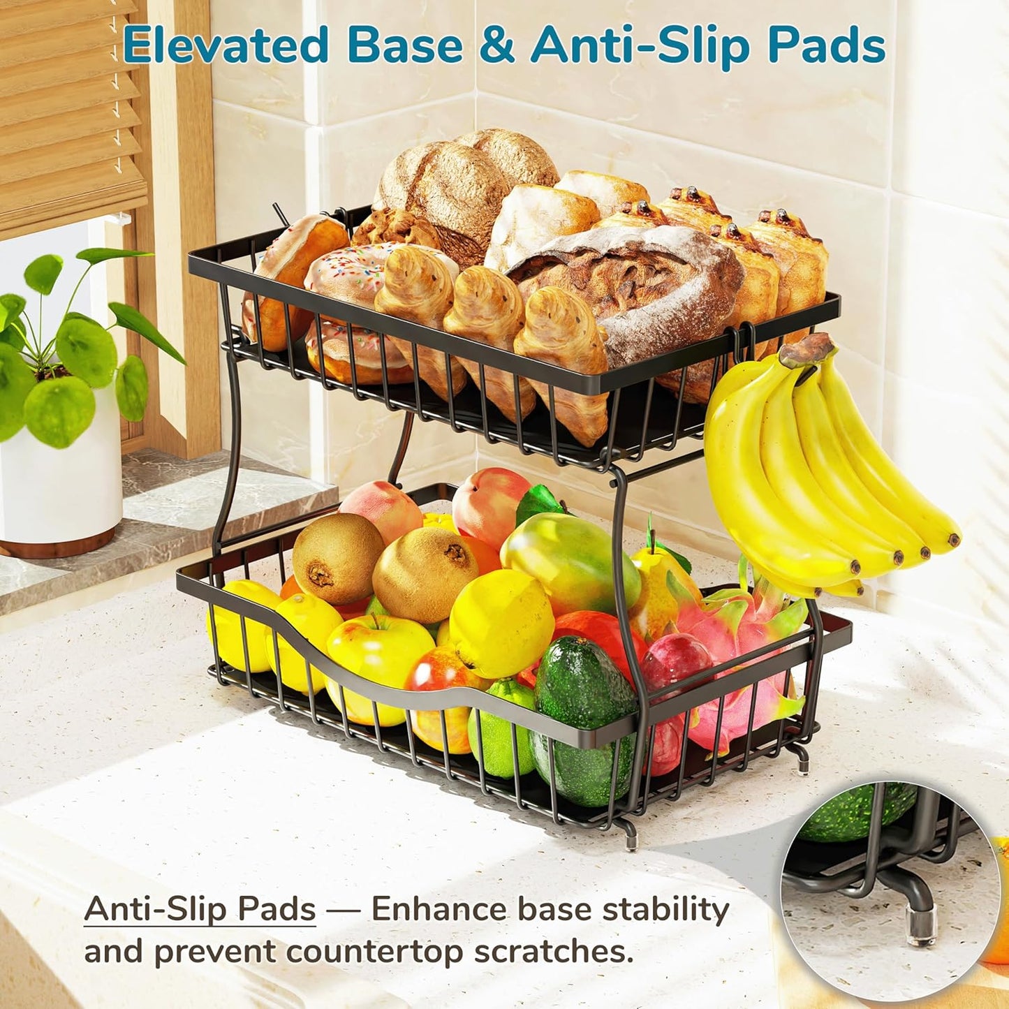 Large 2-Tier Fruit Basket for Kitchen Counter with 2 Banana Hangers – Metal Fruit Bowl for Onion, Vegetable, Snacks, Breads Storage – Countertop Organizer – Black, 14.5" W x 9.5" D