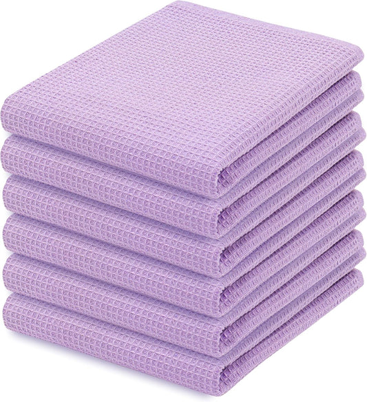 PurpleEssences Waffle Weave Kitchen Towel, 100% Cotton - 15 x 25 Inches, with Hanging Loop Ultra Soft Absorbent Quick Drying Dish Cloth, Tea and Hand Towels, 6 Pack - Spring Summer - Lavender
