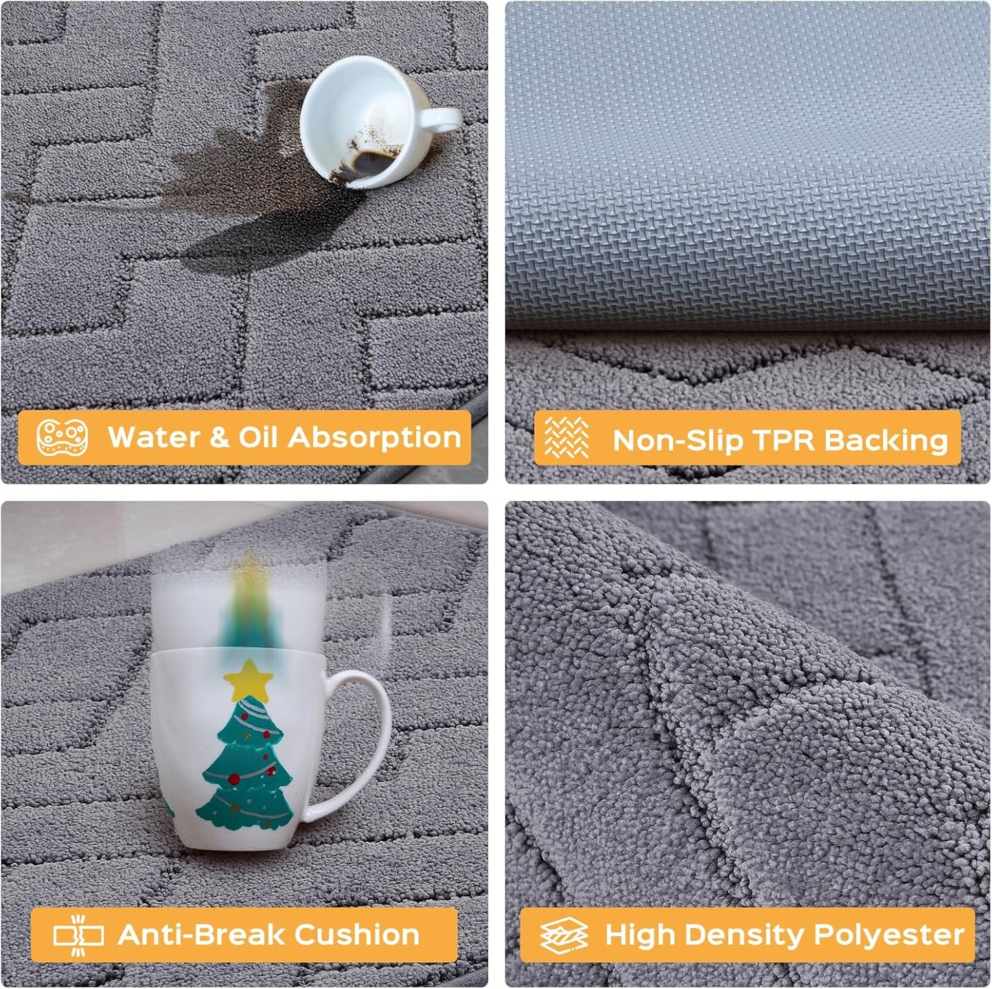 Machine Washable Kitchen Rugs 24" x 36", Non-Slip Kitchen Runner Rugs Mats for Floor, Absorbent Comfort Standing Mats for Kitchen, Sink, Laundry and Hallway, Grey