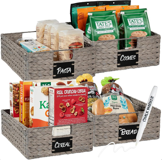 Best Choice Products Set of 4 16x12in Large Water Hyacinth Pantry Baskets, Woven Organizers w/Chalkboard Label, Chalk Marker - Gray