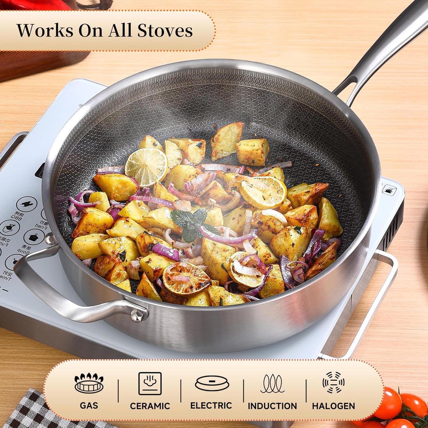 LOLYKITCH 6 Quarts Hybrid Non Stick Tri-Ply Stainless Steel Sauté Pan with Lid,12 Inch Deep Frying Pan,Large Skillet,Induction Cooking Pan, Oven Safe and Detachable Handle.