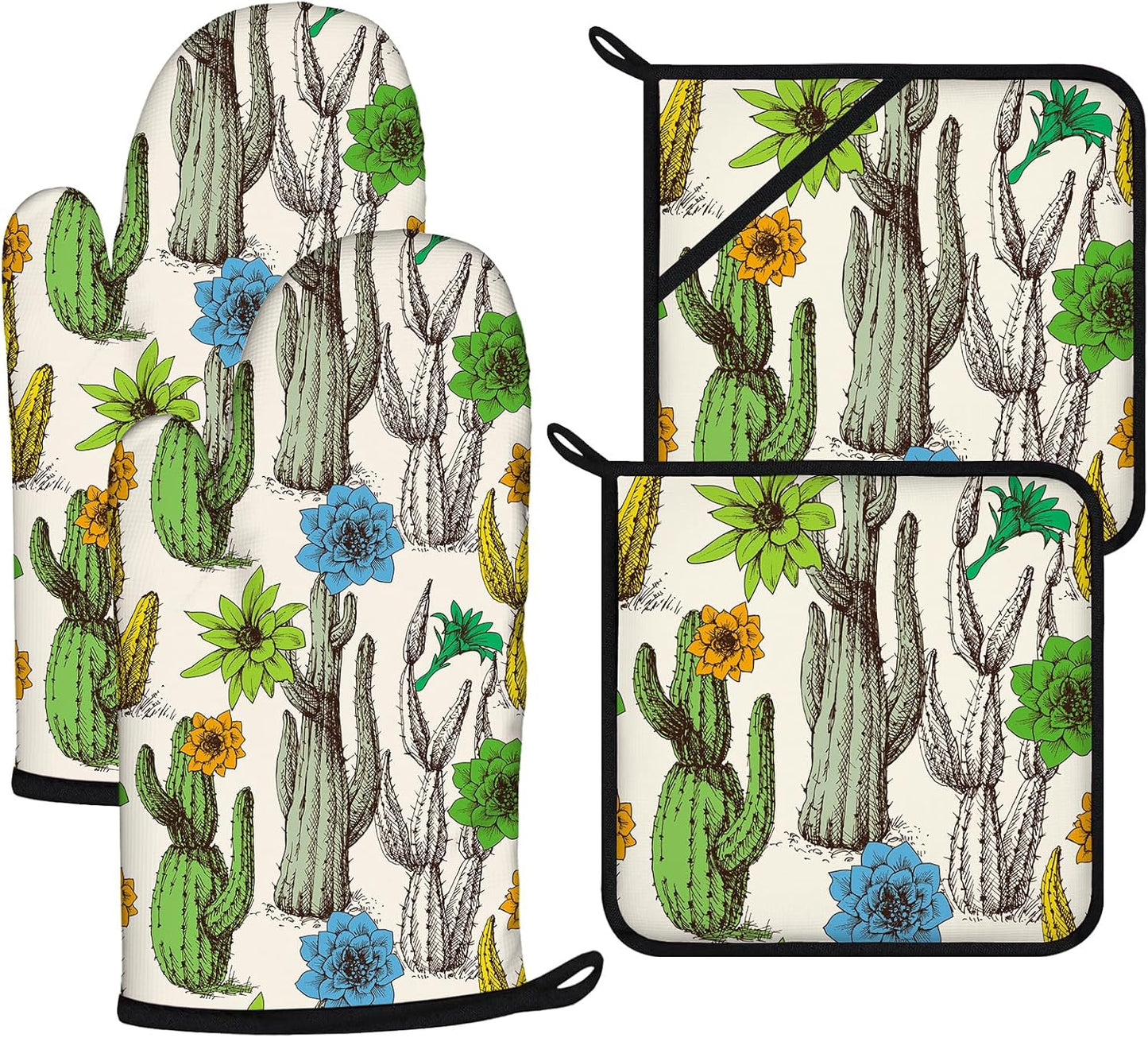 Cactus Flower Oven Mitts and Pot Holders Sets 4Pcs,Extra Long Oven Gloves Potholder for Kitchen Cooking Baking BBQ 100% Cotton Heat Resistant