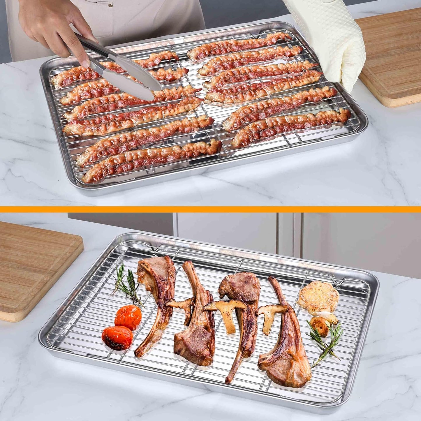 Homikit Baking Sheet Pan with Wire Cooling Rack Set, 20" x 14" Large Nonstick Stainless Steel Cookie Sheets Tray for Oven, Big Metal Bakeware Bacon Pans for Baking Cooking, Dishwasher Safe