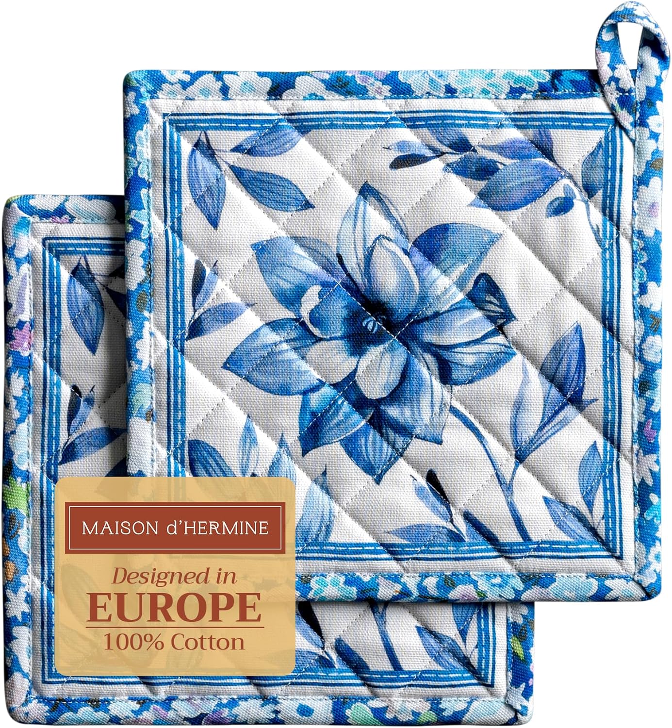 Maison d' Hermine Pot Holders Set 100% Cotton Heat Resistant Potholders 8" x 8" Hot Pads with Loop BBQ, Cooking, Baking, Grilling, Kitchen, Handling Hot Pans Spring/Summer (Pack of 2, Summer Blues)
