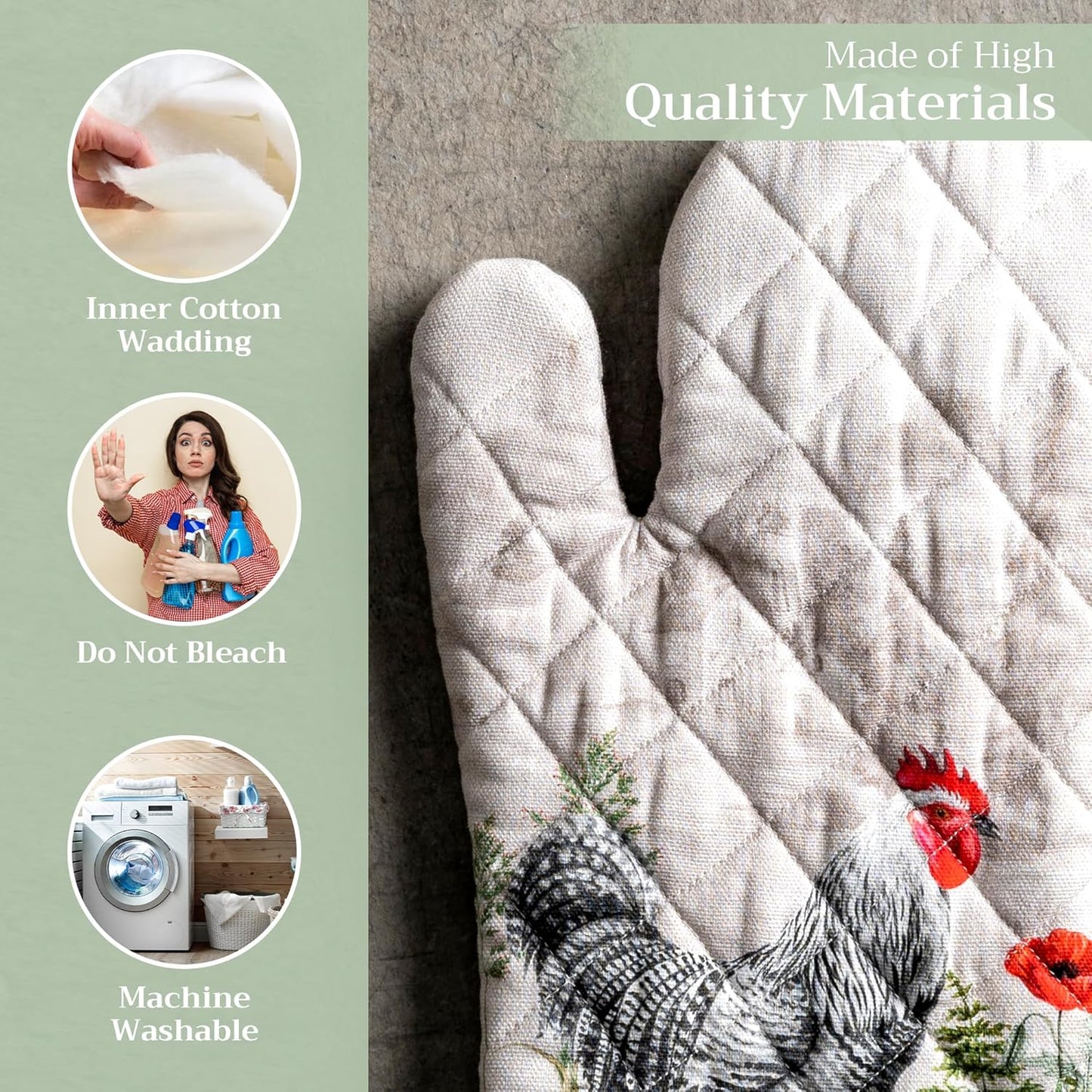 Maison d' Hermine Oven Gloves 100% Cotton Oven Mitt 7" x 13" with Loop Heat Resistant, BBQ, Cooking Gloves, Baking, Grilling, Kitchen, Handling Hot Pans Spring/Summer (Pack of 1, Basse Cour)