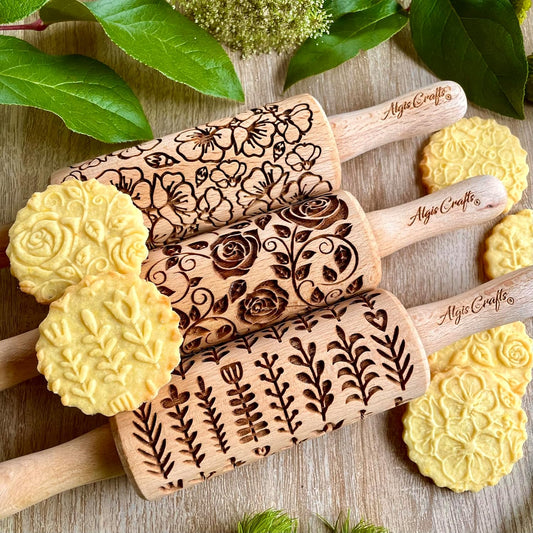 GARDEN BLOSSOMS 3 Small Size Embossed Rolling Pin Set. Wooden Laser Engraved Embossing Dough Roller for Embossed Cookies Gift for Birthday, Easter by Algis Crafts