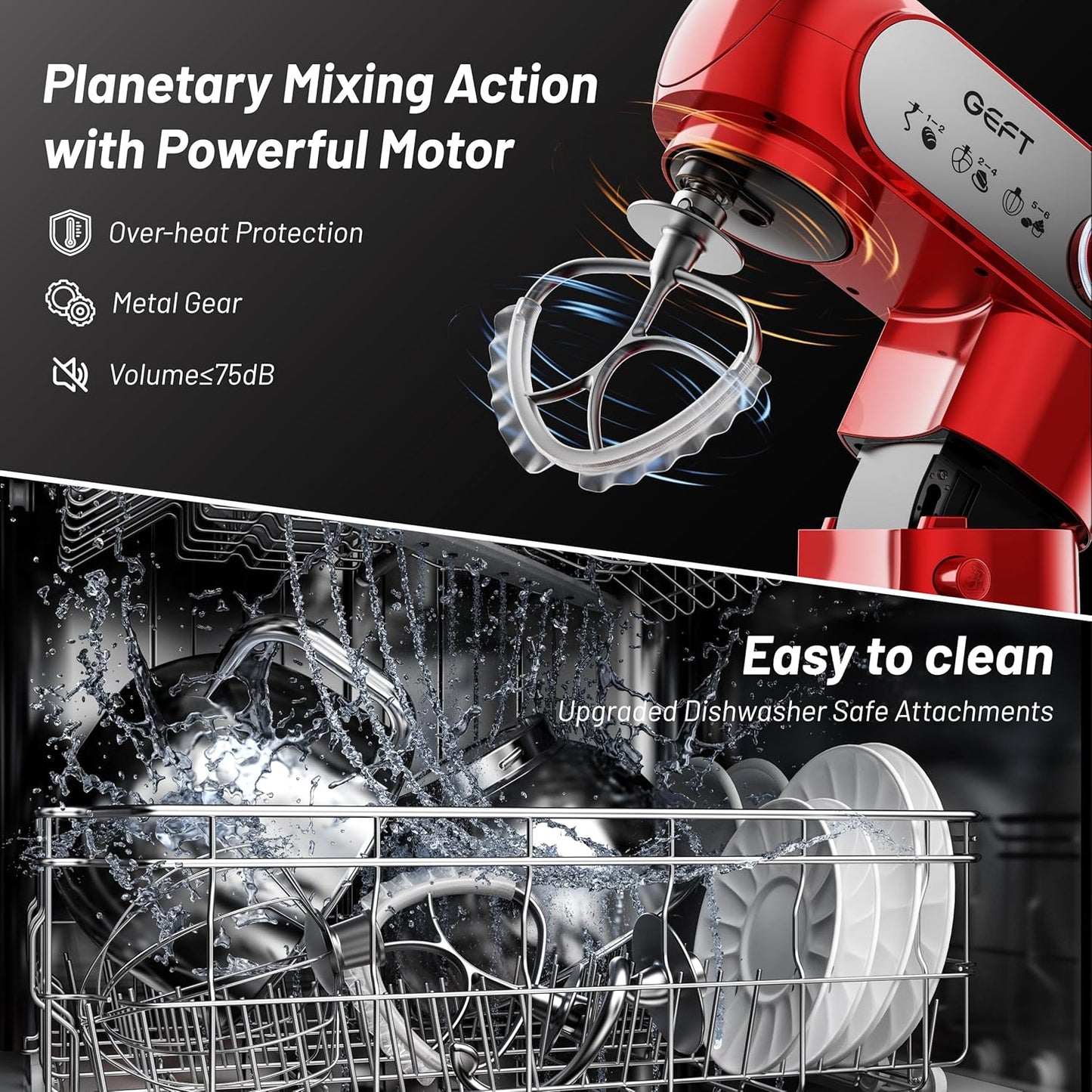 Stand Mixer, 3.5QT+6QT Two Bowls Kitchen Electric Mixer, 600W 6+P speed Tilt-Head Food Mixer with Stainless Steel Bowl, Dishwasher-Safe Dough Hook, Flat Beater, Wire Whisk, Splash Guard, Red