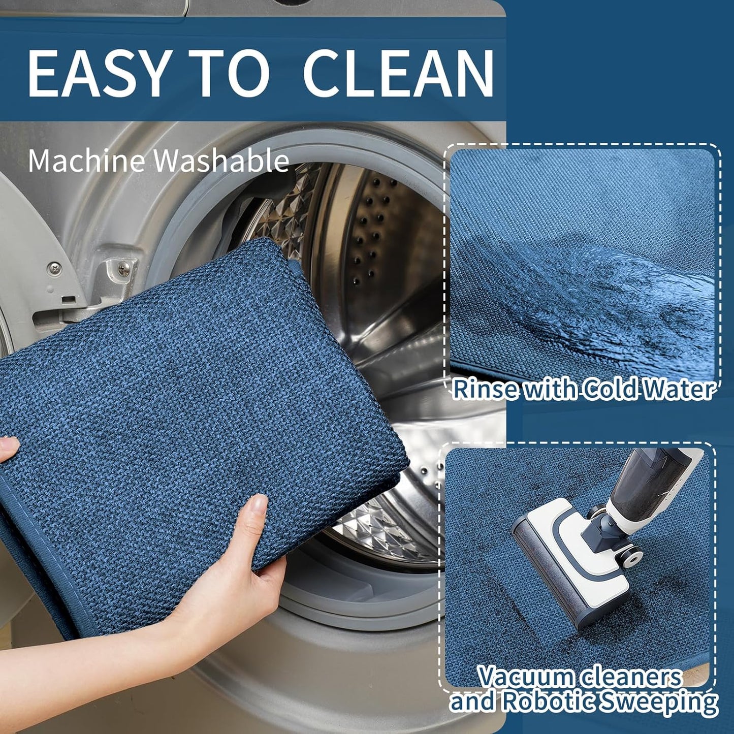 Kitchen Mats for Floor, Super Absorbent Kitchen Rugs Non Slip Washable, Soft Imitation Linen Braided Kitchen Runner Rug, Standing Mat Sink Mat, Easy to Clean, Blue 17x59