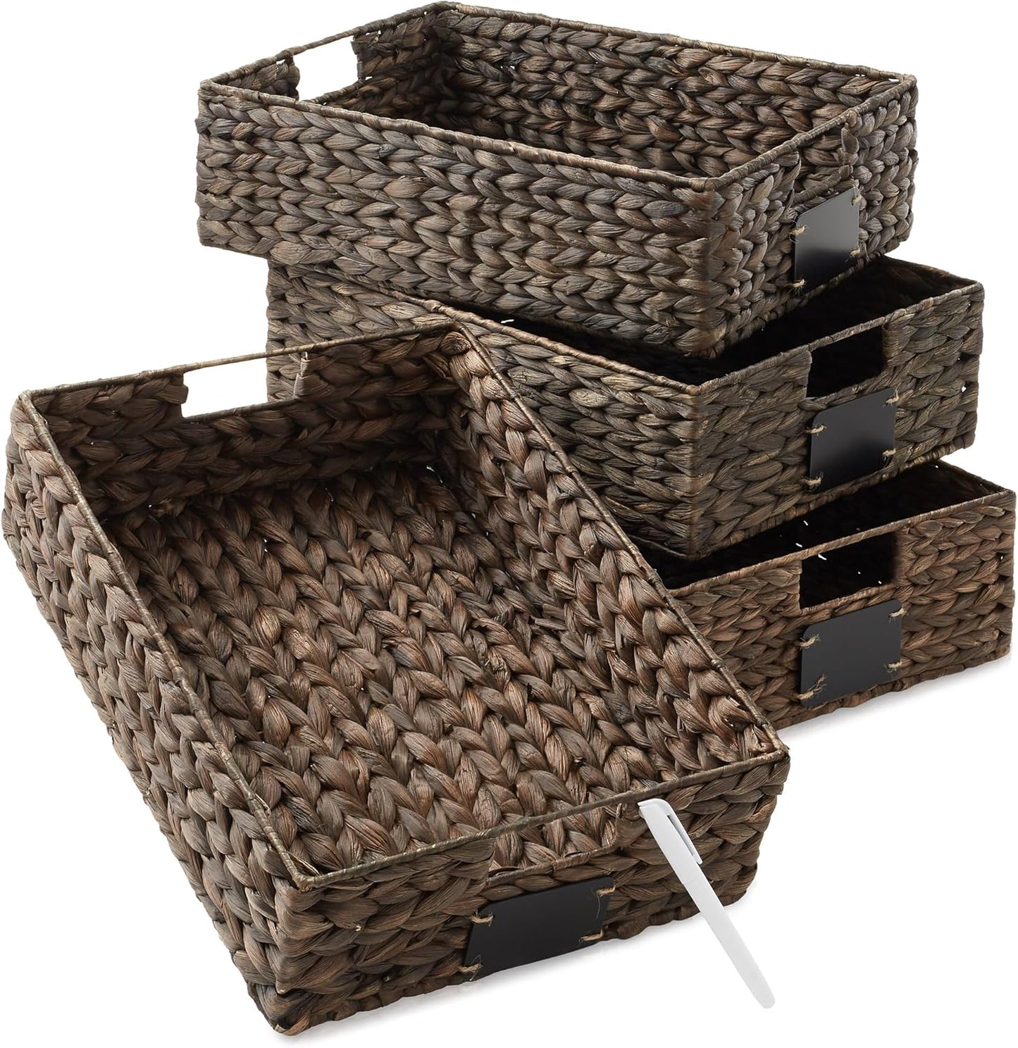 Casafield Set of 4 Water Hyacinth Pantry Baskets, 12-1/2" x 17" x 5", with Chalkboard Labels and Chalk Marker - Espresso, Woven Storage Bin Organizers for Kitchen Shelves