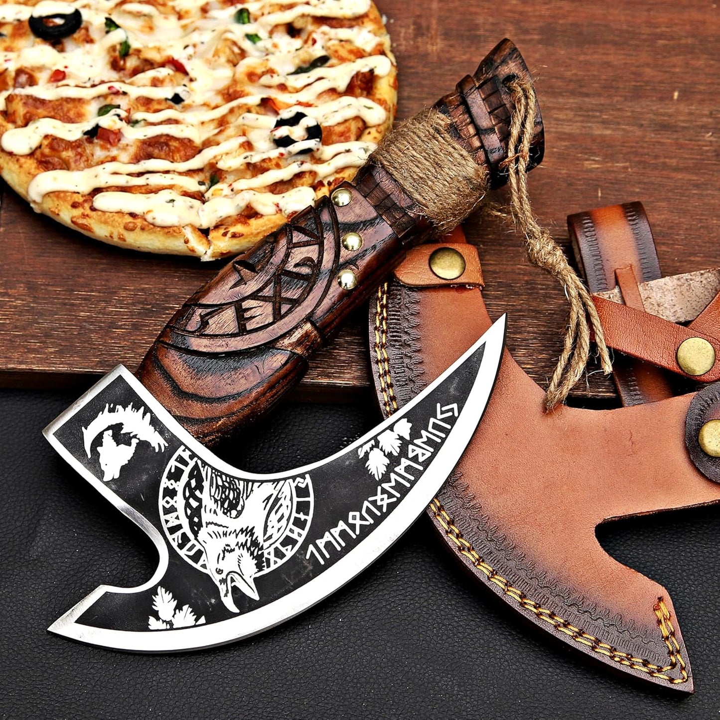 MR. CRAFT Pizza Cutter Axe Rocker Carbon Steel Slicer Chef Pizza Cutter Viking Axe with Leather Cover - Premium Pizza Oven Accessories Ulu Rocking Pizza Gift Gifts for Men (Brown Eagle)