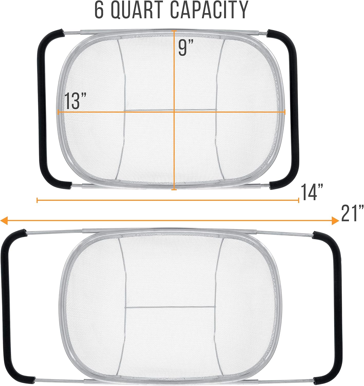 U.S. Kitchen Supply Stainless Steel Colander Strainer - 6-Quart Collapsible Colander with Expandable Rubber Handles - Rectangular Sieve, Fine Mesh Stainless Steel Strainers and Colanders for Kitchen