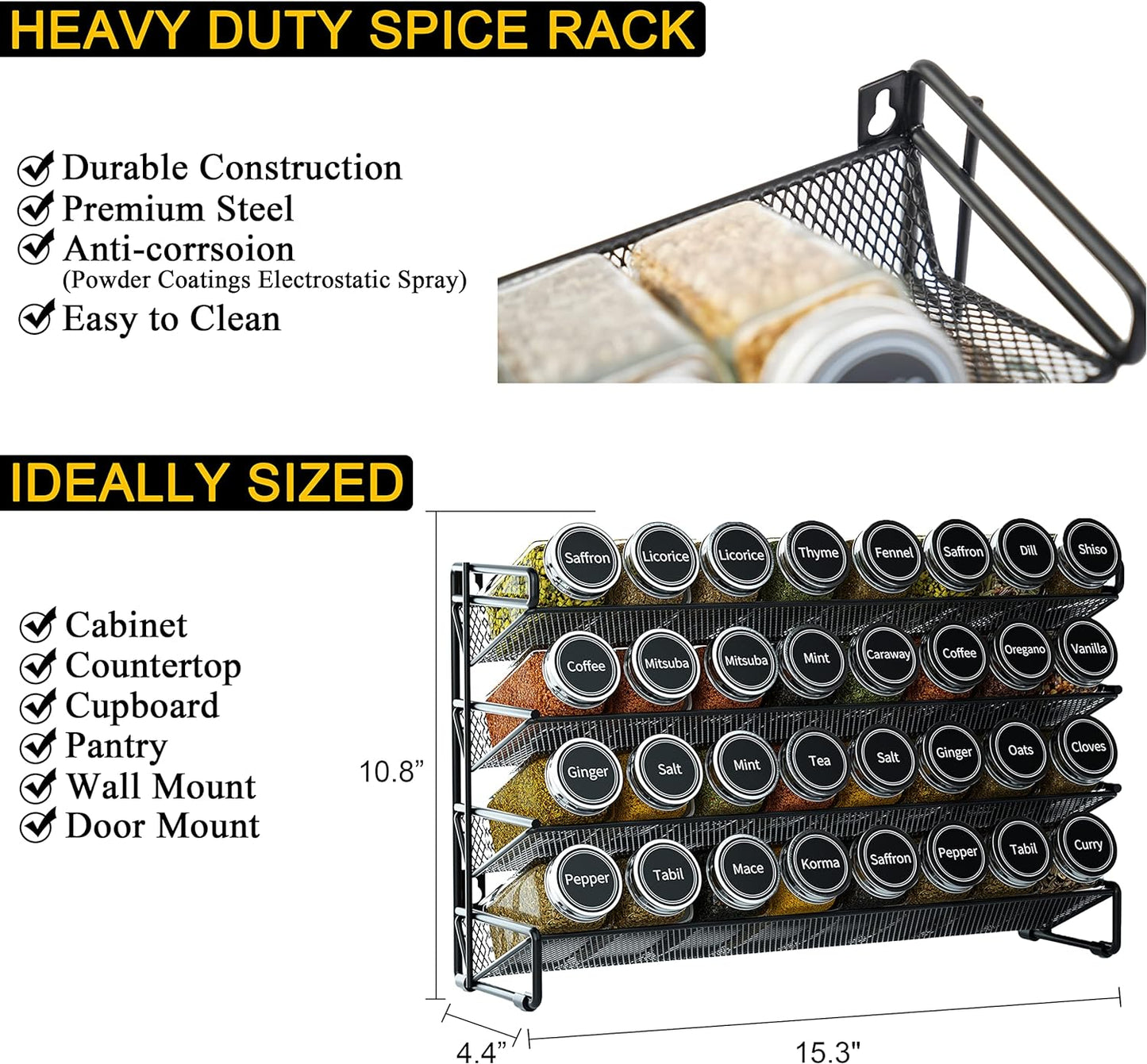 SpaceAid Spice Rack Organizer with 32 Spice Jars, 386 Spice Labels, Chalk Marker and Funnel Set for Cabinet, Countertop, Pantry, Cupboard or Door & Wall Mount - 32 Jars, 15.3" W × 10.8" H, Black