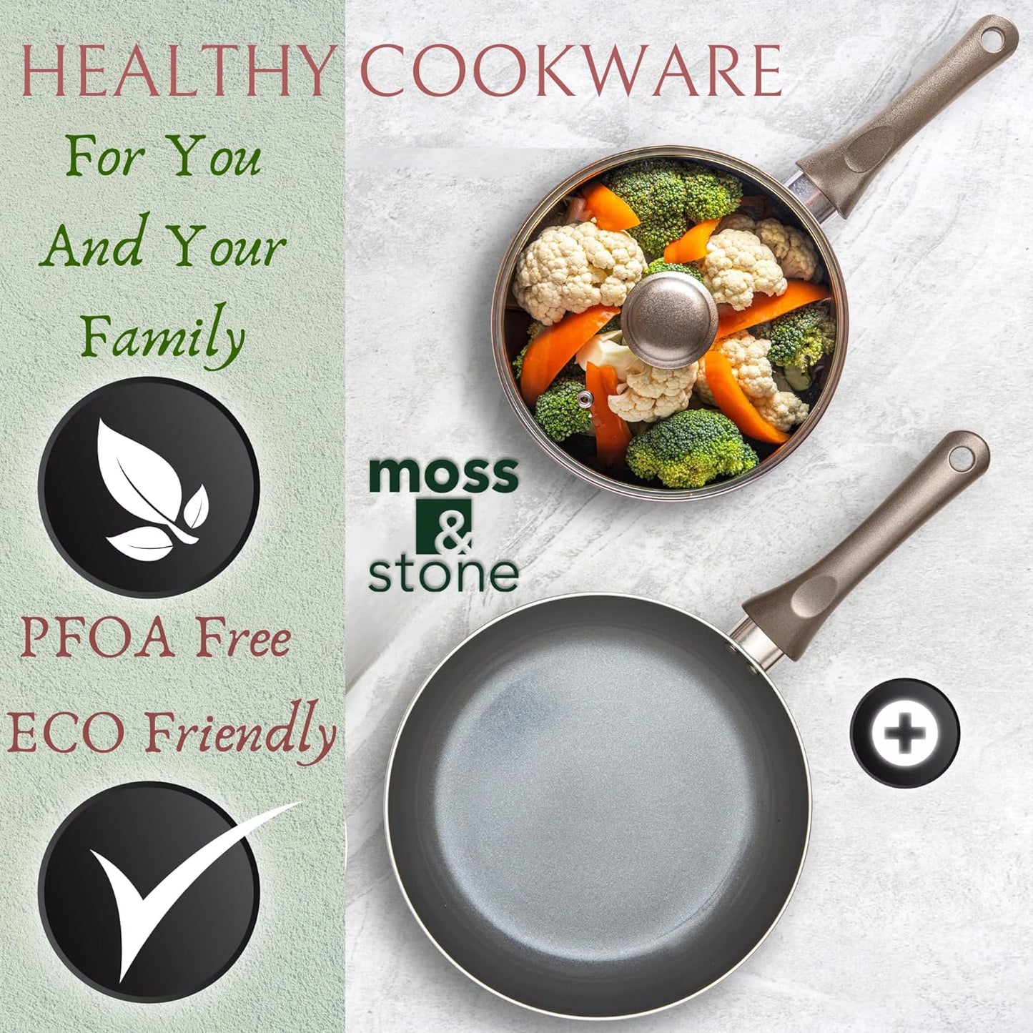 Moss & Stone 6 Pcs Dark Grey Nonstick Cookware Set, Pots And Pans Set Non stick With Glass Lid, Induction Cookware, Stay-Cool Handle PTFE/PFOA Kitchen Pots 6-Piece with Frying Pans & Saucepan