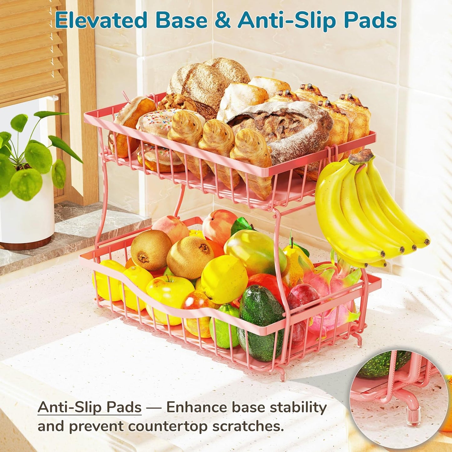 Large 2-Tier Fruit Basket for Kitchen Counter with 2 Banana Hangers – Metal Fruit Bowl for Onion, Vegetable, Snacks, Breads Storage – Countertop Organizer – Pink