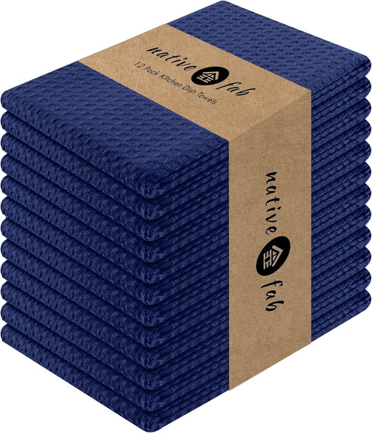 Native Fab Waffle Kitchen Towels - 12 Pack, 100% Cotton Soft, Absorbent, Durable, Washable Dish Towels, Quick Drying, Dishcloths for Cleaning, Cooking, Everyday Kitchen Tasks, 16x26 inches - Ink Blue