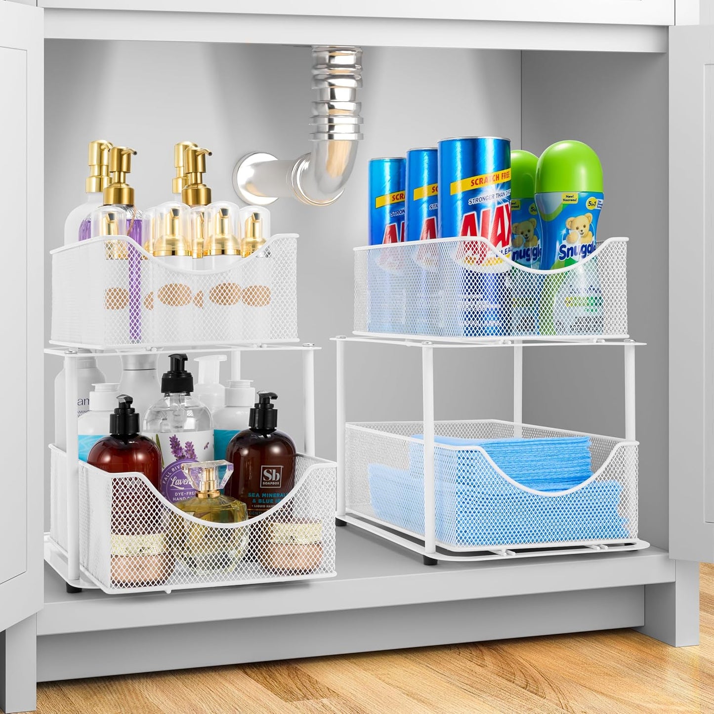 Sorbus 2 Sets of 2 Tier Metal Under Sink Organizer for Bathroom, Kitchen, Strong Steel Mesh Sliding Drawers for Under Sink, Under Cabinet, Closet, Kitchen, Pantry, Bathroom Organizers and Storage