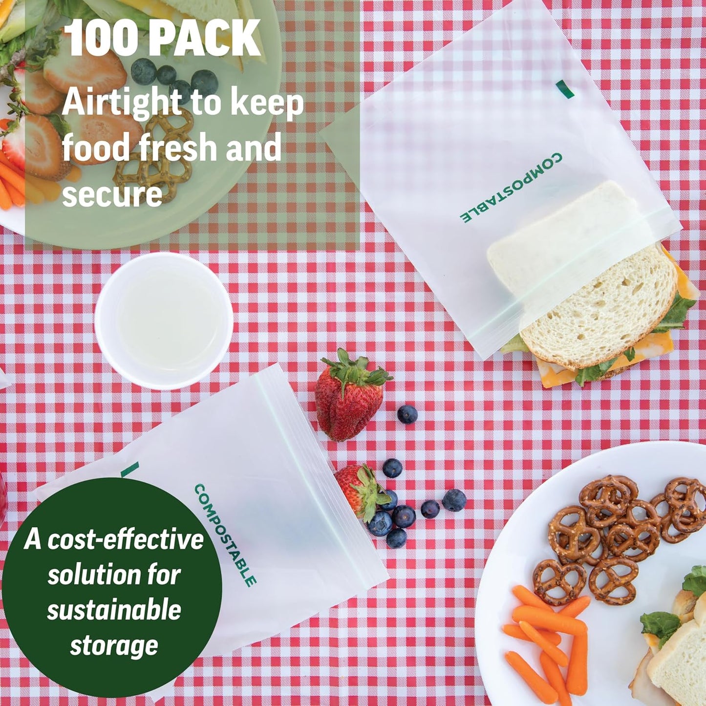 Zenlogy Home Compostable Resealable Sandwich Bags (7"x7"), Microwave & Freezer Safe, Organic Food Storage Container, 100 Count