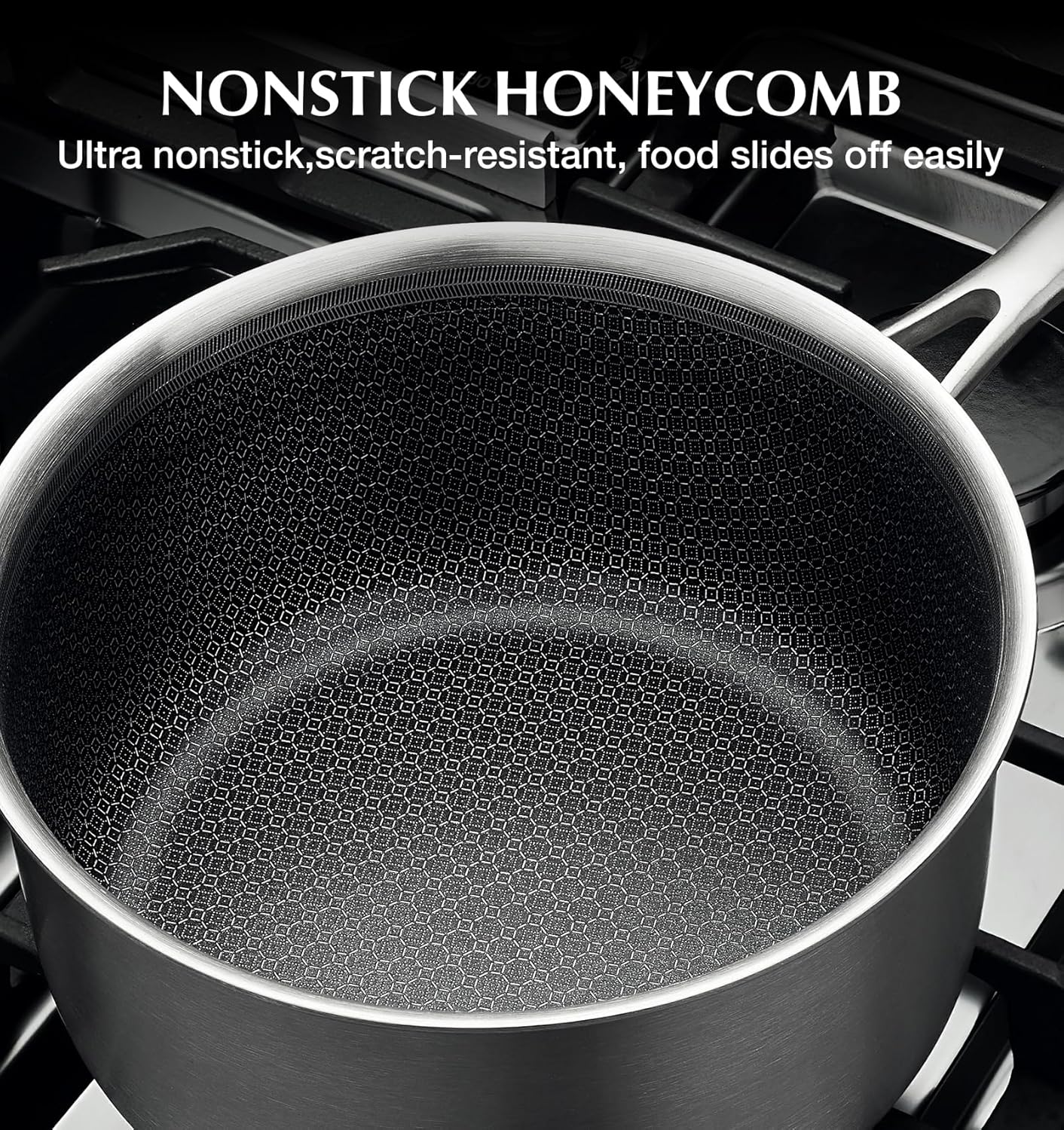 KOCH SYSTEME CS Hybrid Nonstick Stainless Steel Saucepan Set, 6-Piece Triply Stainless Steel Saucepan Set with Hybrid Honeycomb Interior, 1QT & 2QT & 3QT Sauce Pans, Induction Ready, Steel Pot Set