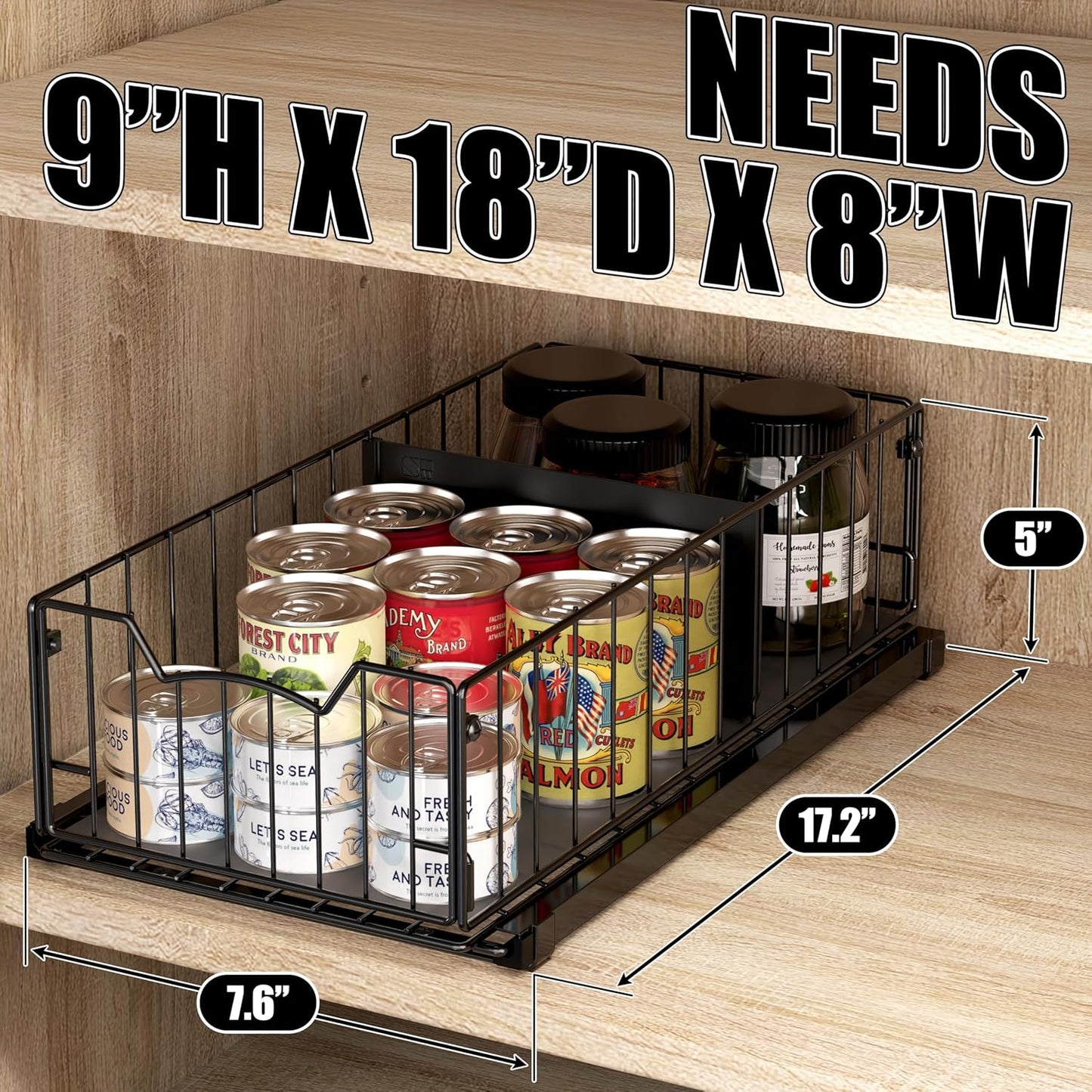 Simple Houseware Pull-Out Cabinet Sliding Basket Organizer, 17.2" D x 9.7" W x 5" H – Black, Ideal for Kitchen and Bathroom Cabinet Storage, Under Sink or Pantry Organization