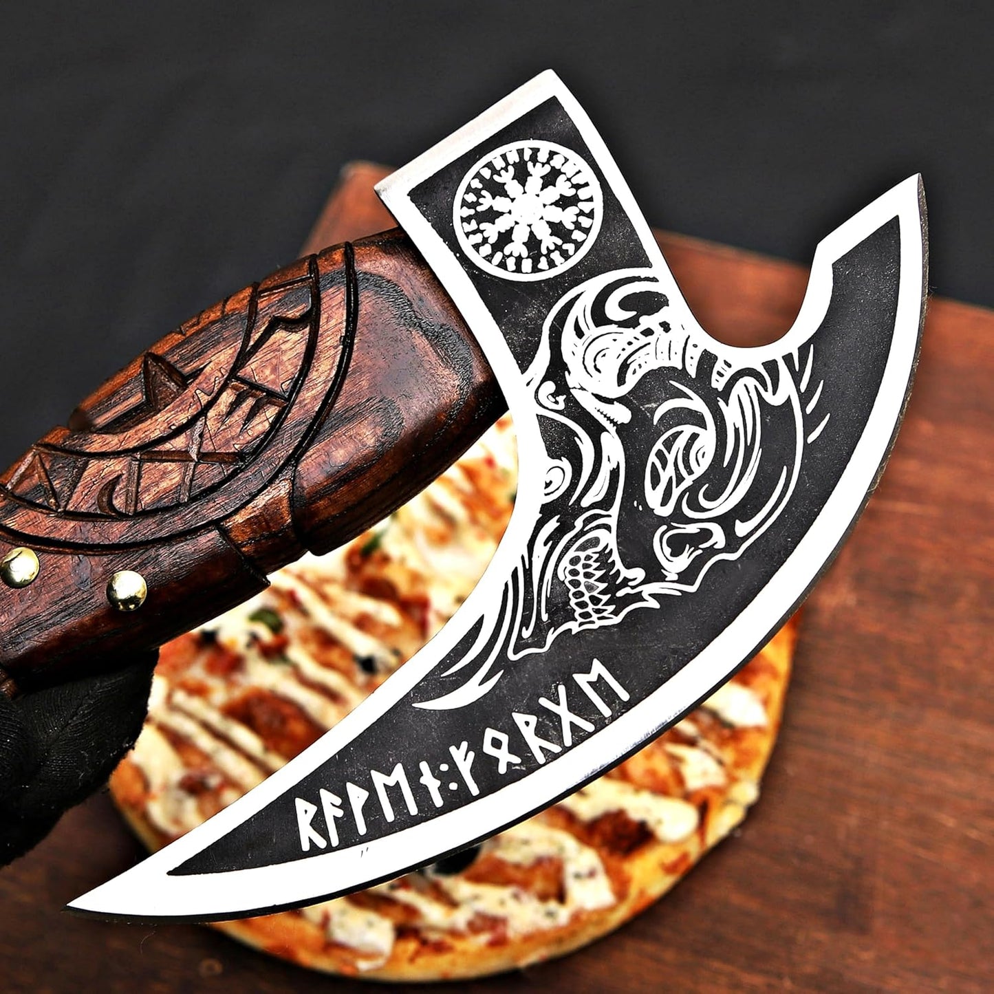 MR. CRAFT Pizza Cutter Axe Rocker Carbon Steel Slicer Chef Pizza Cutter Viking Axe with Leather Cover - Premium Pizza Oven Accessories Ulu Rocking Pizza Gift Gifts for Men (Royal Skull)