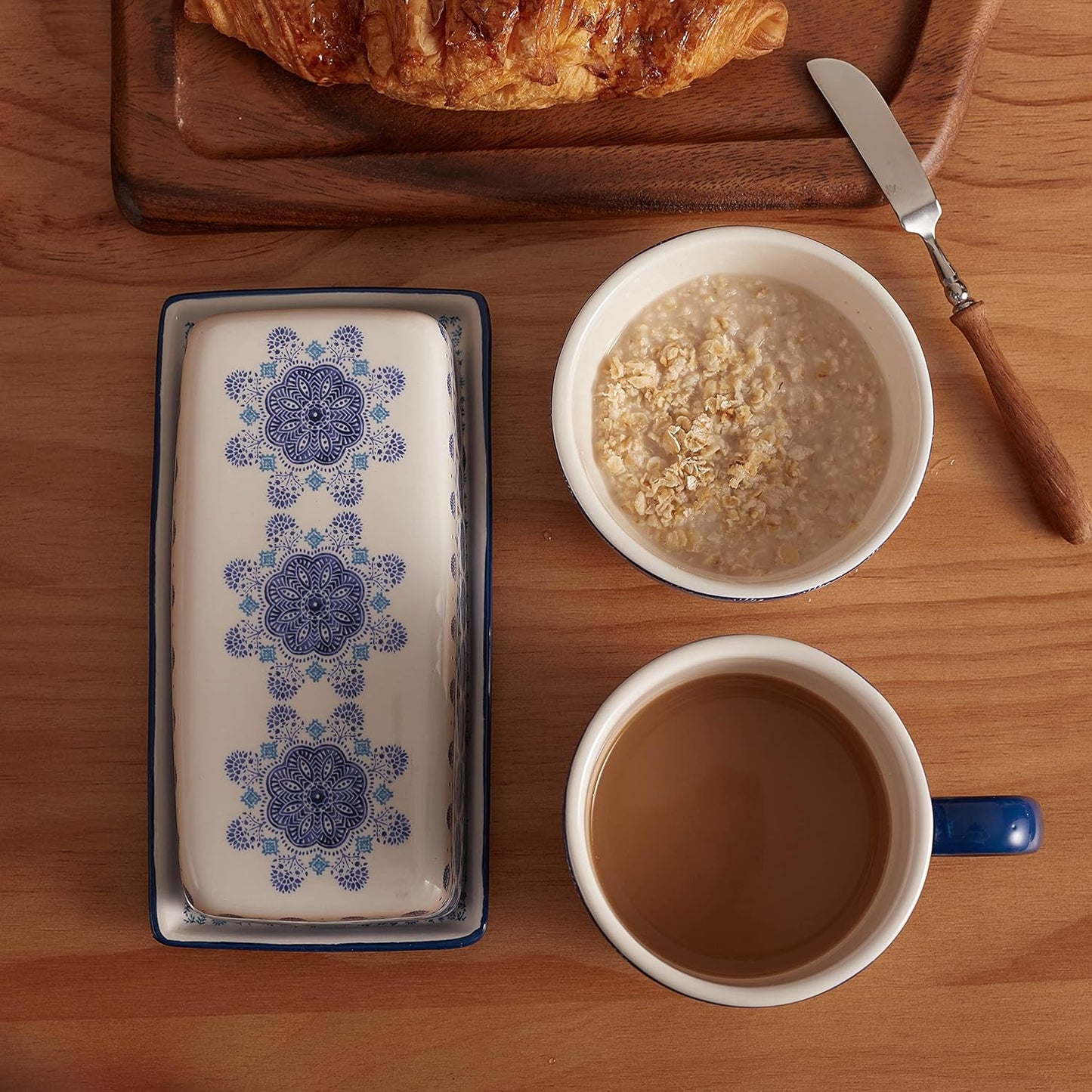 Bico Blue Talavera Ceramic Butter Dish with Lid, Wide Butter Keeper for Counter, Kitchen Countertop, Microwave and Dishwasher Safe