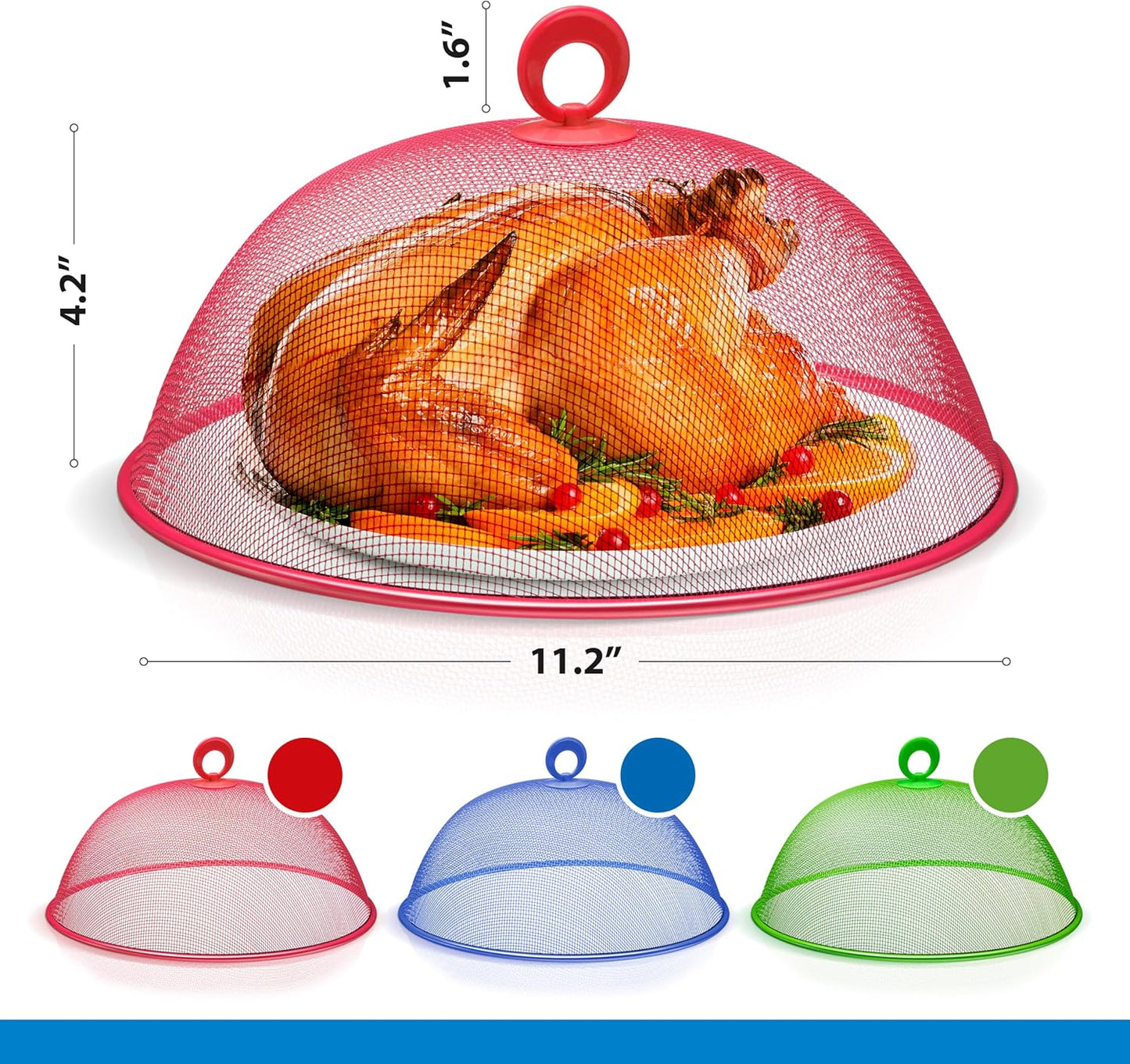 Metal Mesh Screen Food Cover Tent Umbrella, 10.75 inch, Reusable Outdoor Picnic Food Covers Mesh, Food Cover Net Keep Out Flies, Bugs, Mosquitoes (3 Pack, Green Blue Red)