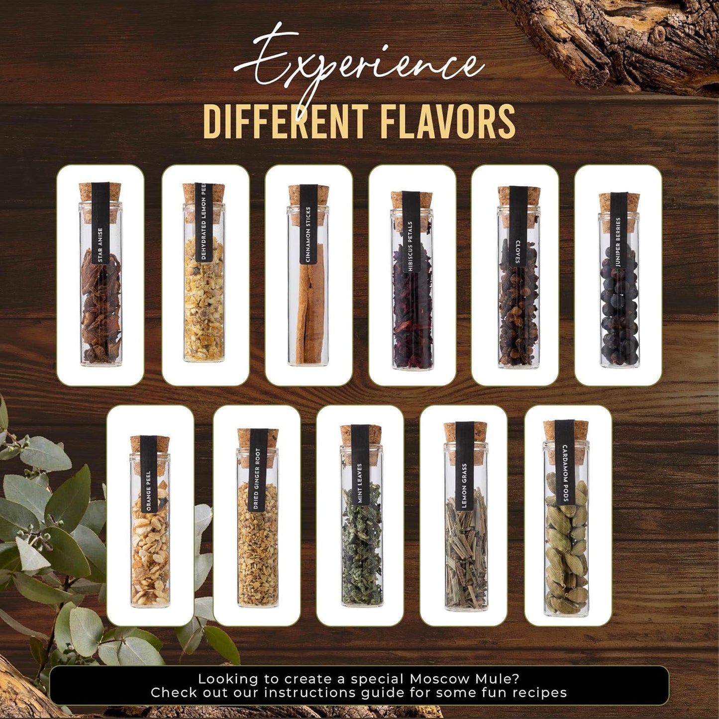 Moscow Mule Kit Gift Set - 2 Copper Mugs - 11 Botanicals - Stainless Steel Shaker & Jigger - Mudder - Recipe Book - Moscow Mule Cocktail Kit - Basket Gifts for Women - Unique Accessories for Infusion