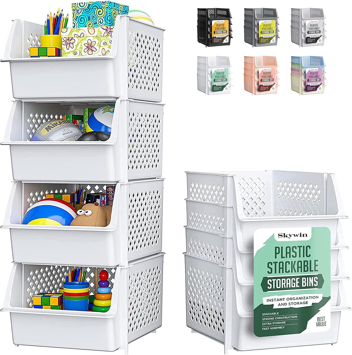 TidyFriend Stackable Storage Bins for Pantry, 4 Pack Stackable Bins For Organizing Food, Kitchen, and Bathroom Essentials (White)