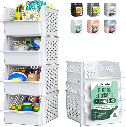 TidyFriend Stackable Storage Bins for Pantry, 4 Pack Stackable Bins For Organizing Food, Kitchen, and Bathroom Essentials (White)