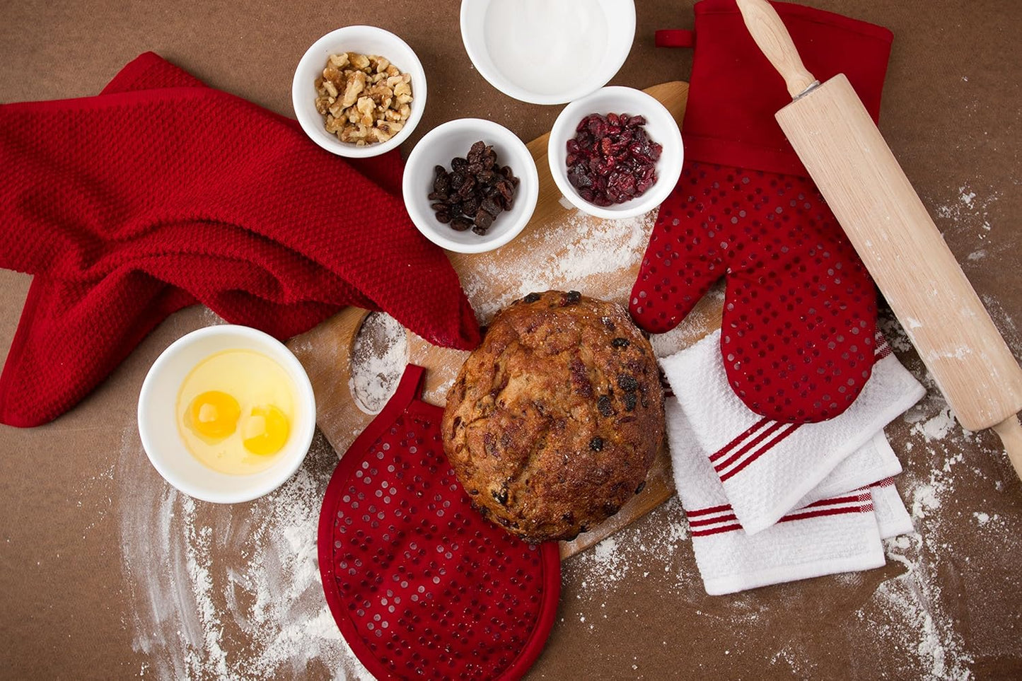 Sticky Toffee Oven Mitt and Pot Holder Set of 3 – Red Non-Slip Silicone Kitchen Hot Pads and Mitts, 100% Cotton Shell, Oeko-Tex Cotton