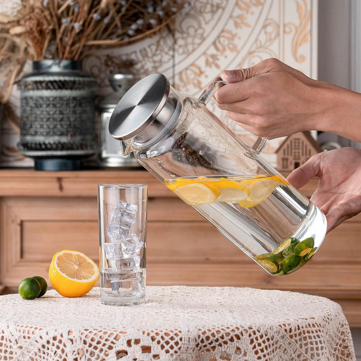 Set of 2 Glass Pitcher with Lid,2 Quart (64 oz / 1.9 Liter) Leak Proof,Glass Water Jugs, BPA-Free,Microwave & Dishwasher Safe Pitcher,Sun & Iced Tea, Sangria,Cold Brew Coffee & More