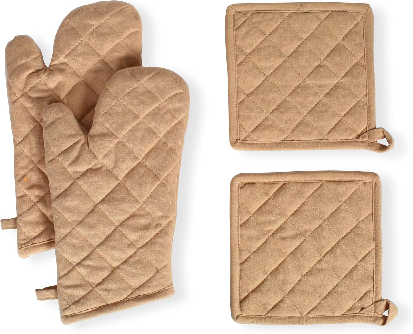 Native Fab Pot Holders and Oven Mitts Sets for Kitchen Heat Resistant- Hanging Non-Slip - 100% Cotton Oven Mitts and Pot Holders 4-Piece Set- Beige