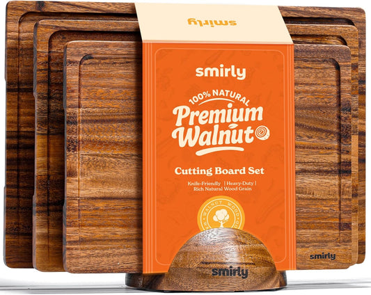 SMIRLY Walnut Wood Cutting Boards for Kitchen, Set of 3 with Holder Large - Small, Walnut Wooden Cutting Board Set with Deep Juice Grooves, Non Toxic Serving Tray, Perfect Mother's Day Gifts