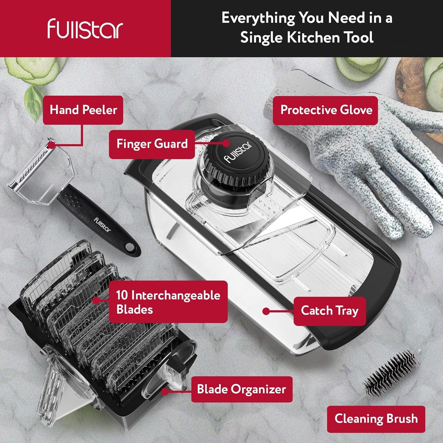 Fullstar Mandoline Slicer for Kitchen, Fruit Cutter, Cheese Grater, Cucumber Slicer, Veggie Spiralizer, Food Cutter & Kitchen Gadgets with Safety Glove (11 in 1, Clear)