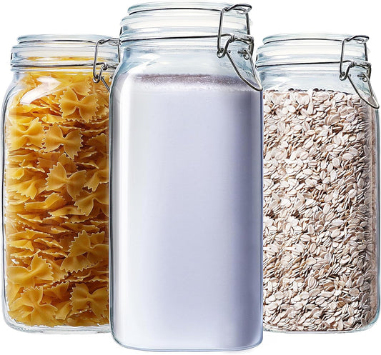78oz - 3 Pack Square Glass Jars with Airtight Lid, Wide Mouth Mason Jars with Clamp Lids, Air Tight Glass Canisters, Best Food Storage Containers for Flour, Sugar, Cereal, Pasta, Rice, Coffee, Spice