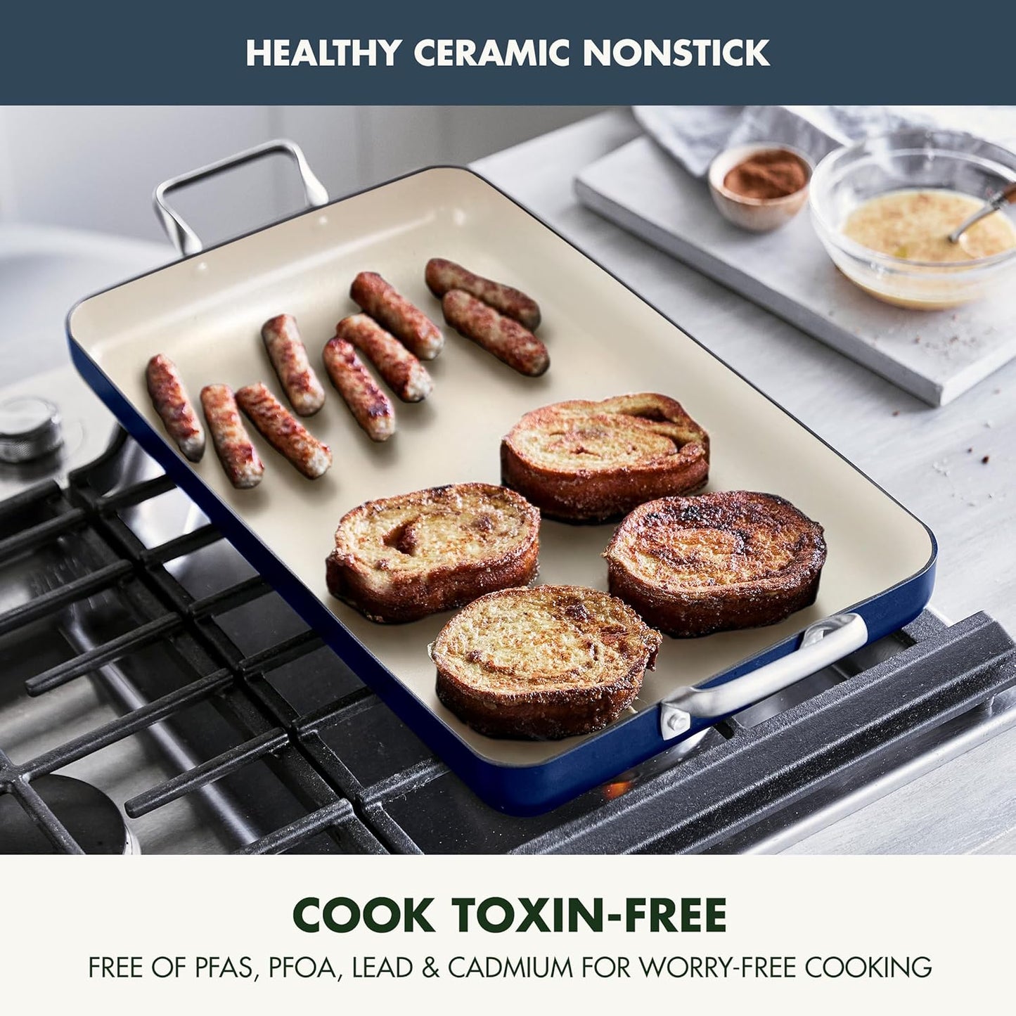 GreenPan 18" x 11" Double Burner Griddle Pan, Hard Anodized Healthy Ceramic Nonstick PFAS-Free, Stainless Steel Handles, Stovetop Cooking, Dishwasher Safe, Oven & Broiler Safe Cookware, Oxford Blue