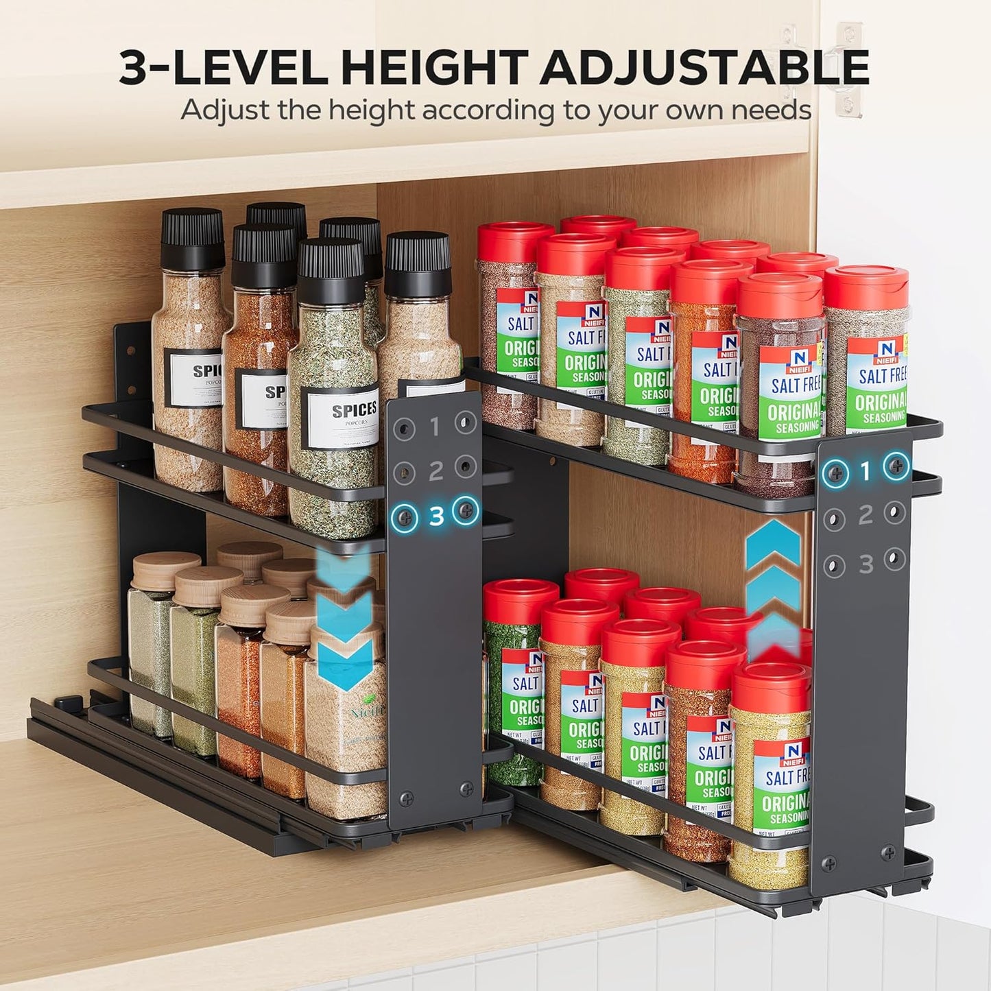 Nieifi Pull Out Spice Rack Organizer, 2 Tiers, Black, Spice Organization for Cabinet, Height Adjustable, Easy to Install