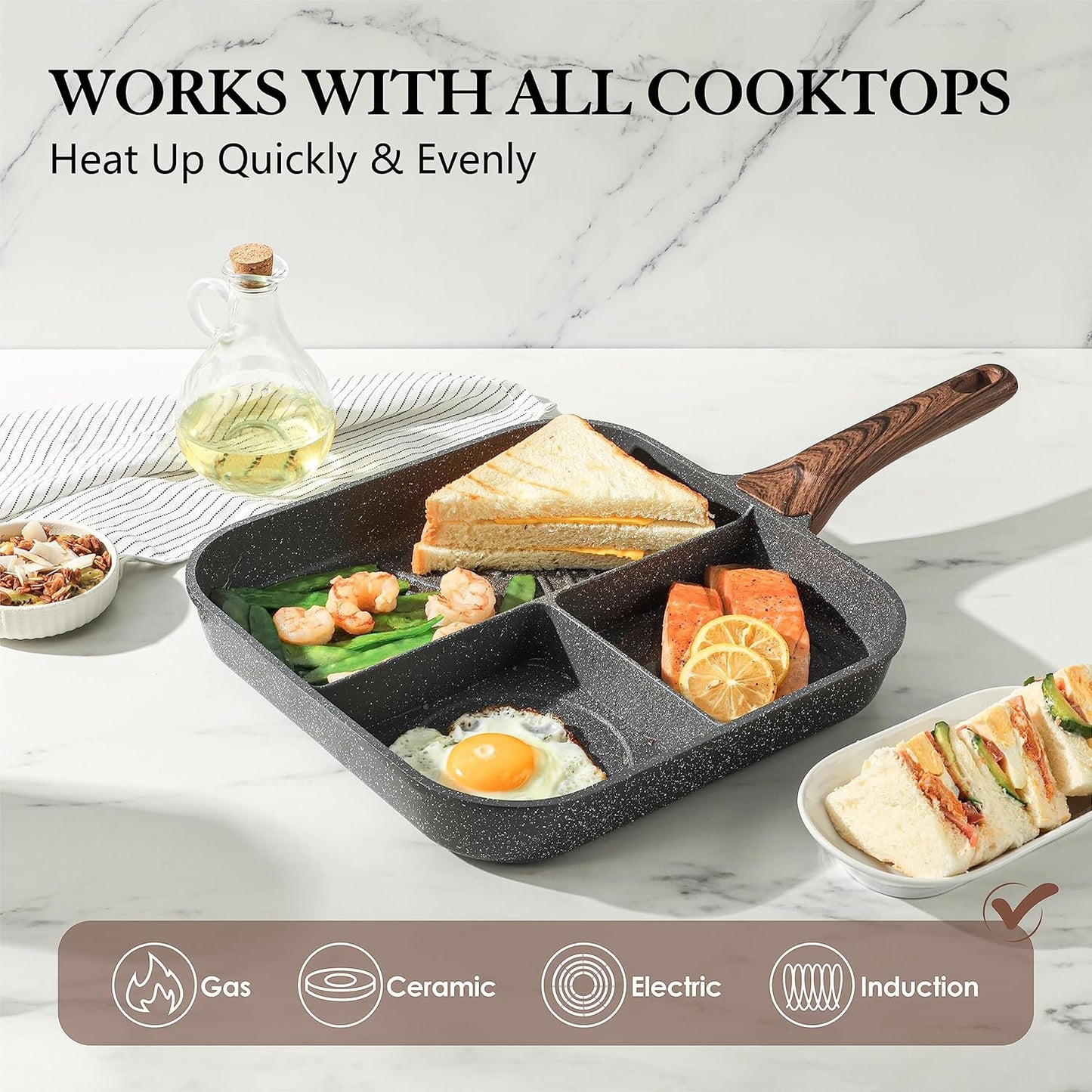 Sensarte Nonstick 11-Inch Square Grill Pan, 3-Section Versatile Breakfast Skillet, Die-cast Aluminum, PFOA, PFOS, APEO Free, Induction, Gas, Electric, Glass, Ceramic