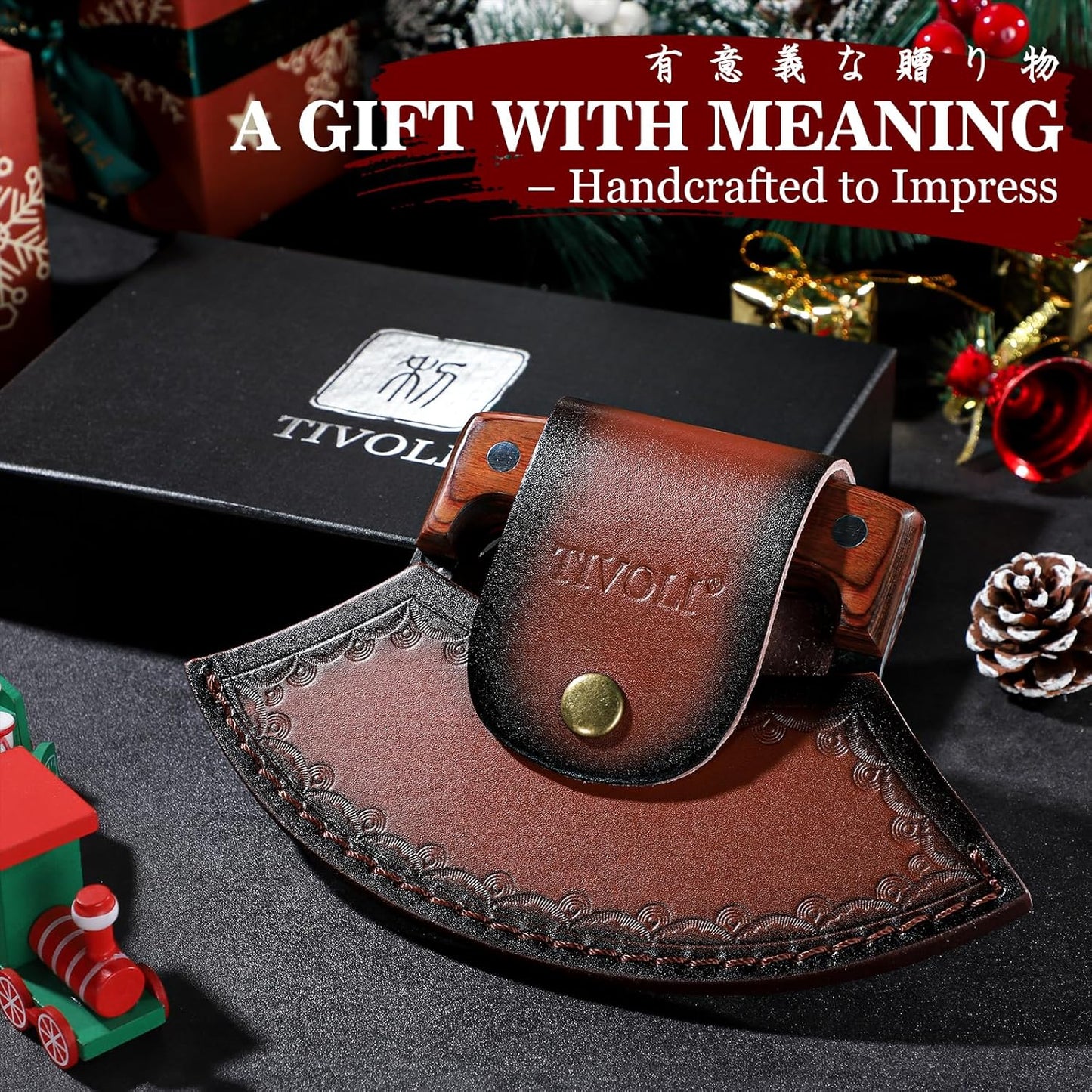 TIVOLI Hand-Forged Ulu Knife – Full Tang High Carbon Steel, Japanese-Inspired with Sheath & Gift Box, Mezzaluna Rocker Knife & Pizza Cutter for Kitchen, Camping & BBQ,Japanese Birthday Gifts for Men