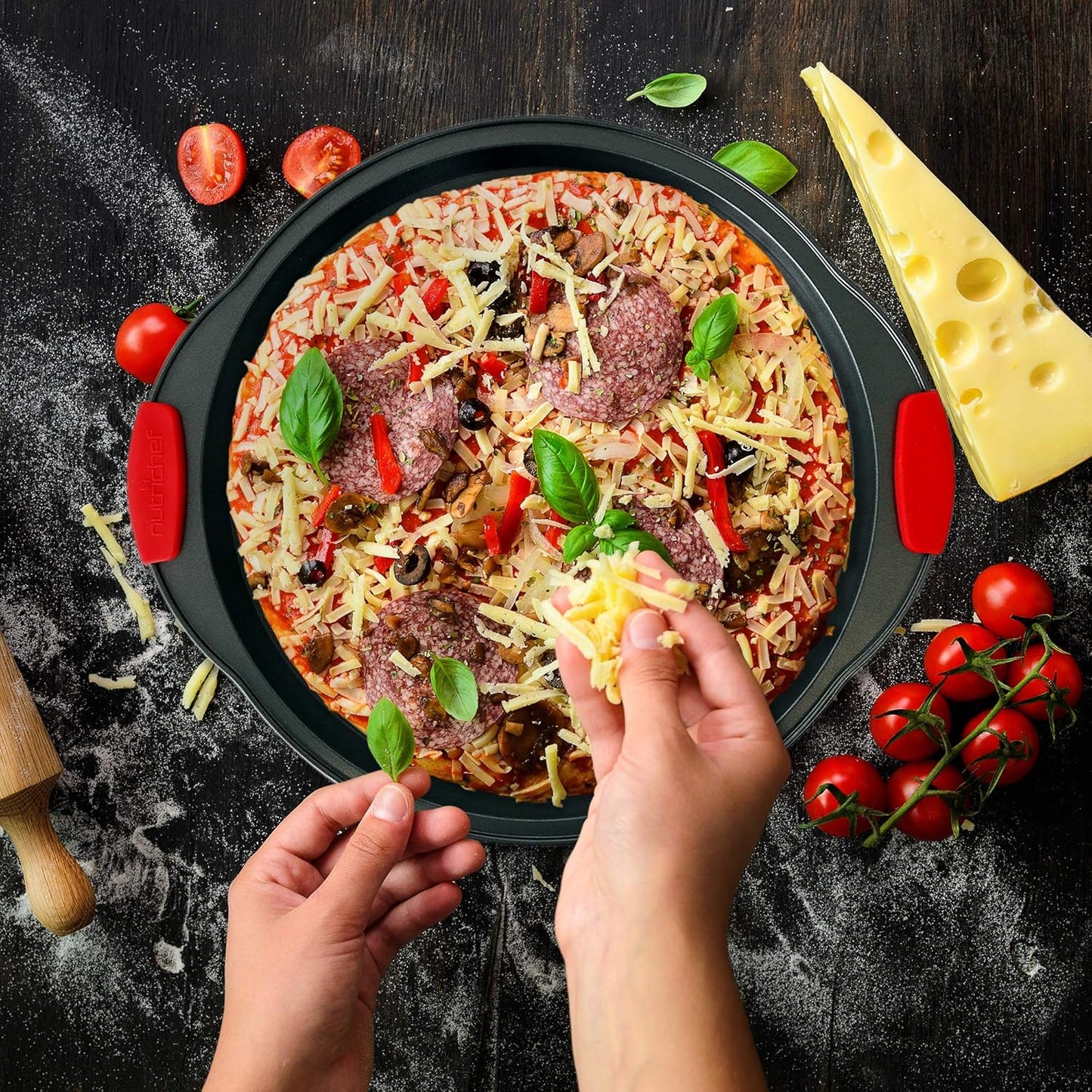 NutriChef Premium 10-Piece Bakeware Set - Flexible Nonstick Carbon Steel, Stylish Red Silicone Handles, Oven Safe Up to 450°F, Dishwasher Safe, Ideal for Baking Cakes, Muffins & More