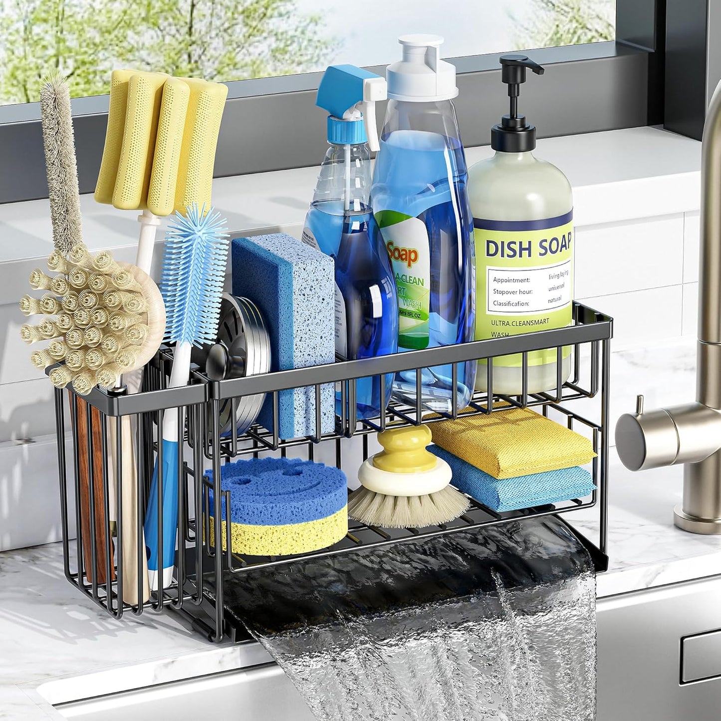 Cisily 2-Tier Kitchen Sink Caddy Organzier Rack with Flexible Dish Brush Holder, Sponge Holder for Kitchen Sink Countertop Organization Storage,Home Decor Accessories Essentials Stainless Steel