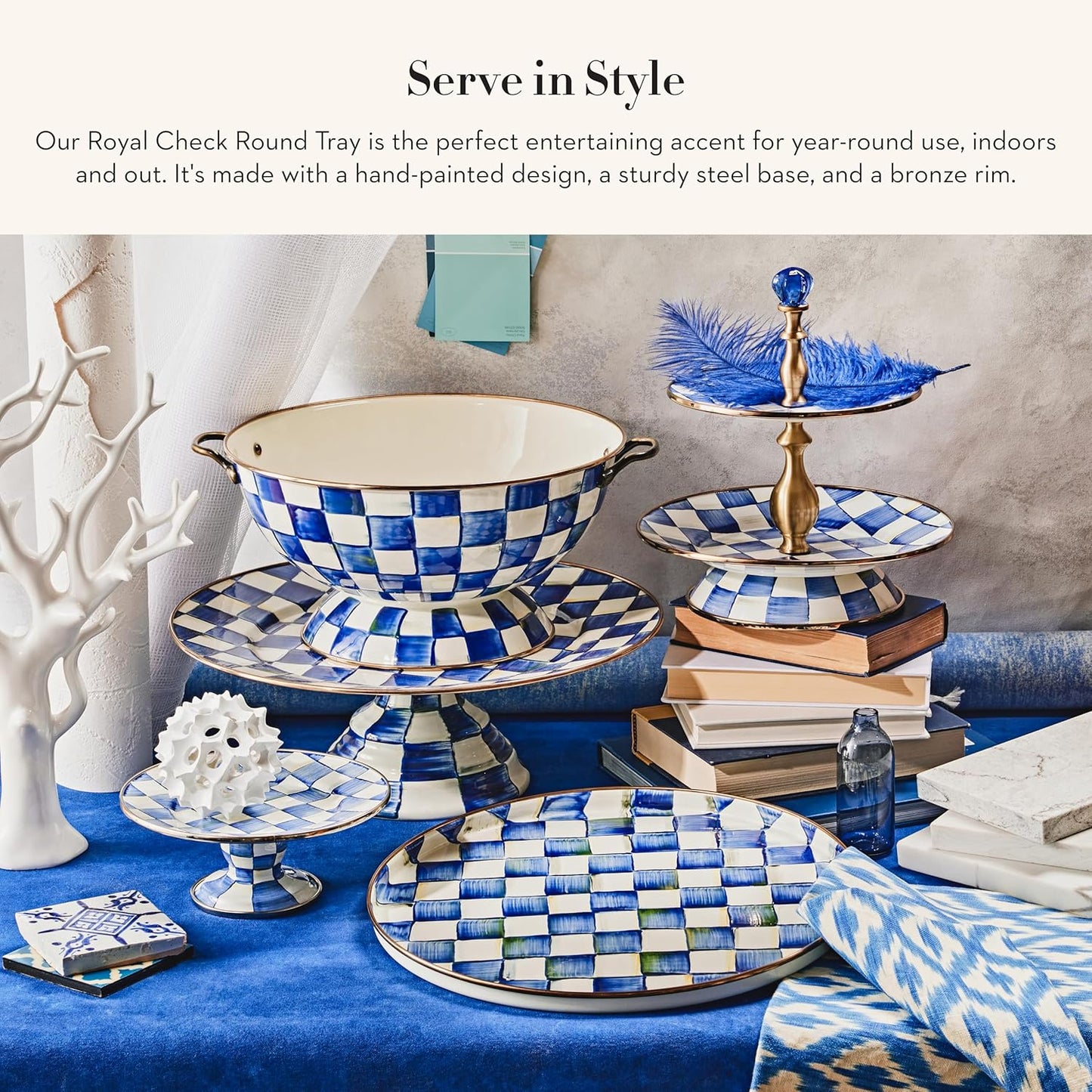 MACKENZIE-CHILDS Enamel Round Tray, Unique Serving Platter for Food and Drinks, Blue-and-White Royal Check