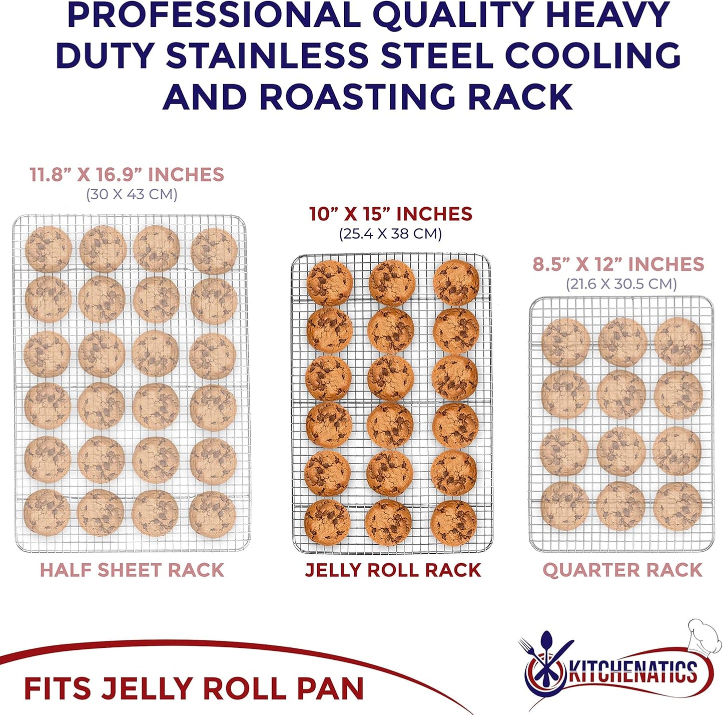 KITCHENATICS Jelly Roll Cooling Rack for Baking, Heavy-Duty Stainless Steel Baking Rack, Oven Safe Rack for Cooking, Food-Safe Bacon Rack, Cookie Cooling Rack Fits Jelly Roll Sheet Pan 10" x15" IN