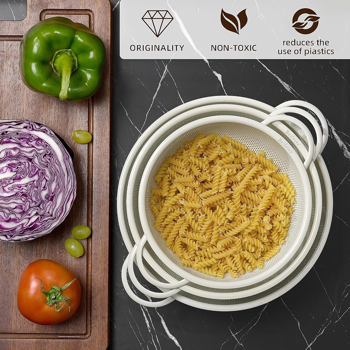 Stainless Steel Colander 3 Piece,Metal Strainer Basket with Solid Base and Handles for Kitchen Food,Pasta, Noodles, Vegetables and Fruits,Powder Coated,BPA Free,Dishwasher Safe,2 & 3 & 4.5 Qt (Cream)