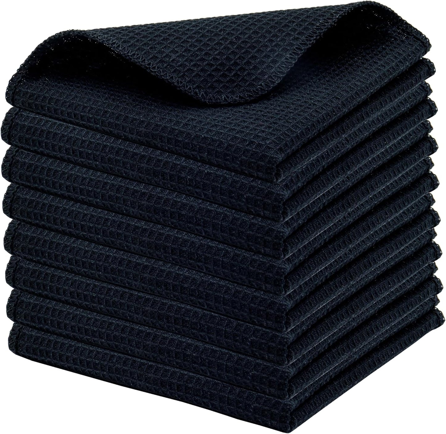 PurpleEssences Dish Cloths and Dish Rags - 8 Pack Waffle Weave Solid Kitchen Dish Wash Cloths, 100% Cotton, 12 x 12 Inches, Ultra Soft Absorbent Quick Drying - Spring Summer - Black