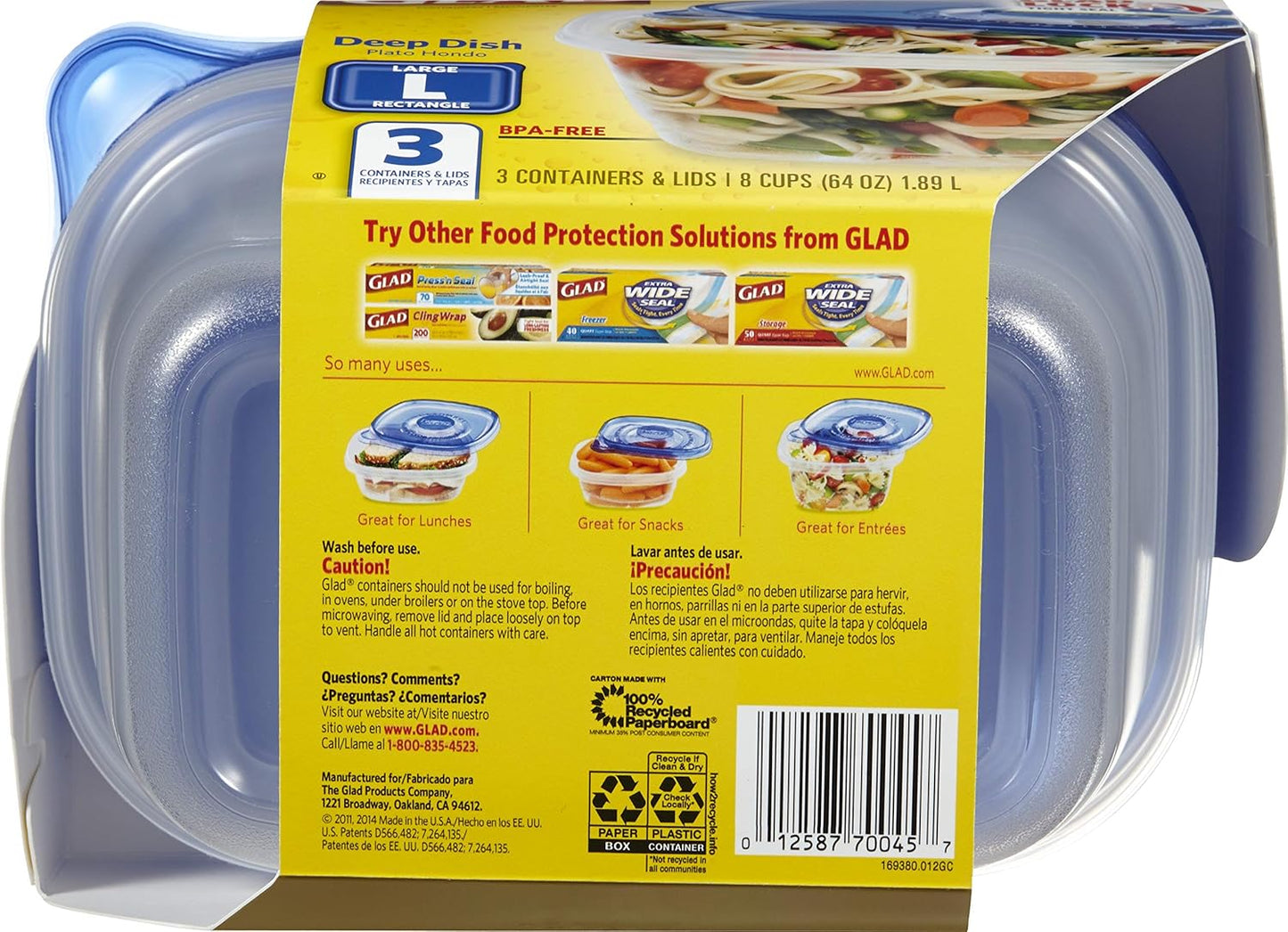 Glad GladWare Deep Dish Food Storage Containers, Large Rectangle - Meal Container Holds up to 64 Ounces of Food - Lock Tight Seal, 3 Count - 6 Pack