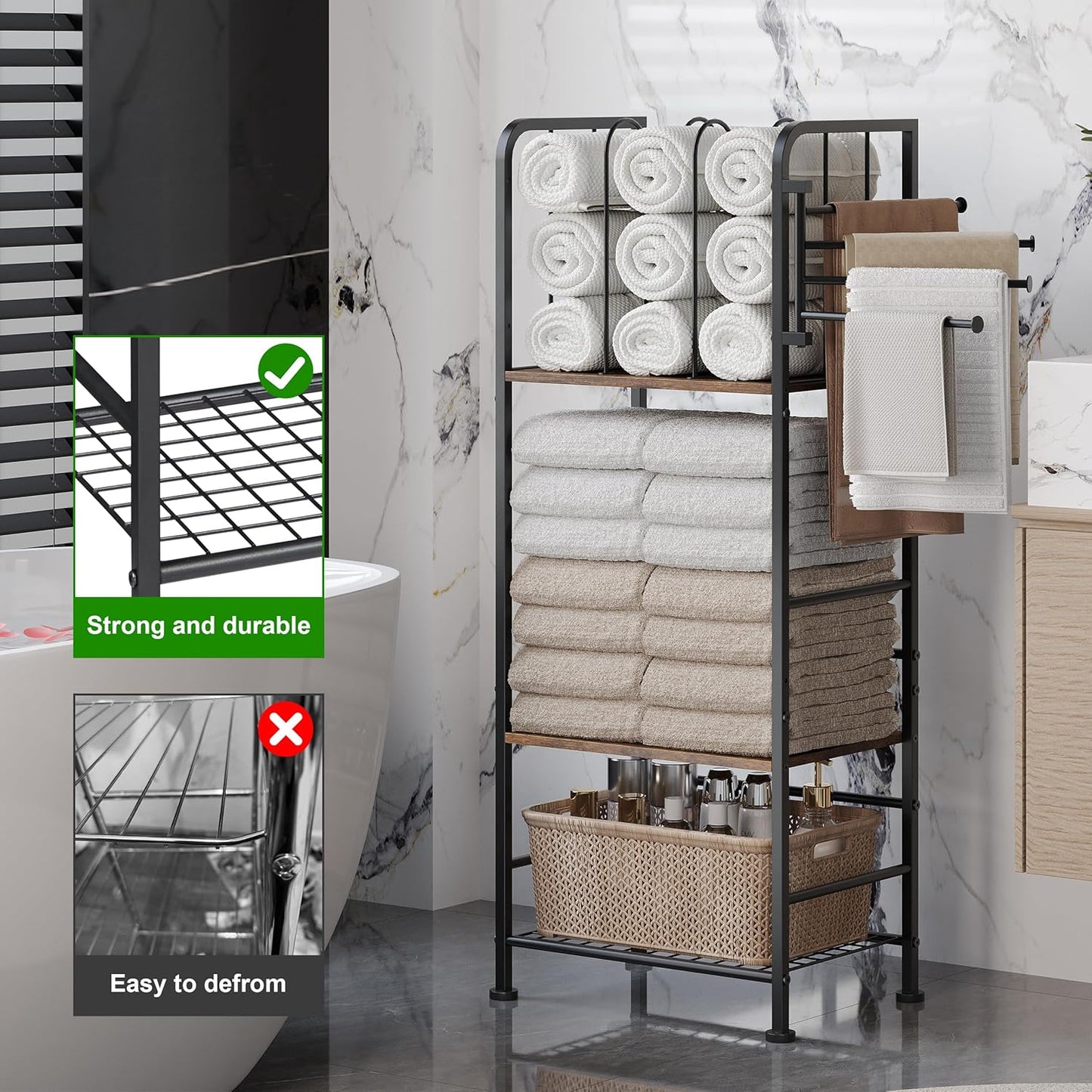 Towel Rack Free Standing 3-Tier M-Shaped Detachable Dividers, 4 Rotatable Bars Fast Drying, Pool Towel Rack, Space-Saving Towel Storage Organizer, Bath Towel Shelf for Home, Poolside Patent Pending