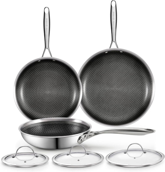 Cooks Standard Hybrid Nonstick Frying Pan Set, 8, 10 and 12-Inch Multi-Ply Clad Stainless Steel 3 Piece Skillet with Tempered Glass Lids, Oven Safe, Compatible with All Stovetops