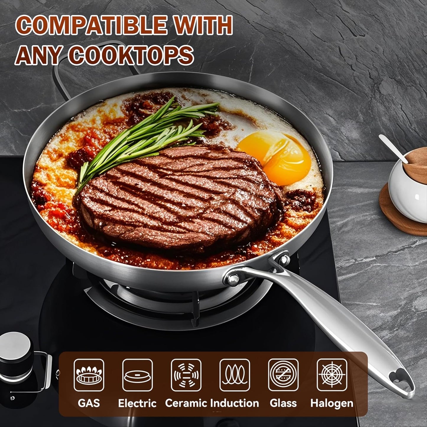 Inqibee 12 Inch Tri-Ply Stainless Steel Frying Pan with Lid and Helper Handle,Skillet,Induction Cooking Pan,Dishwasher and Oven Safe,Detachable Handle.