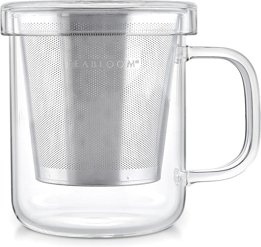 Teabloom Premium Borosilicate Glass Mug with Stainless Steel Loose Leaf Tea Infuser and Lid/Dish - 8 Ounces (240 mL)